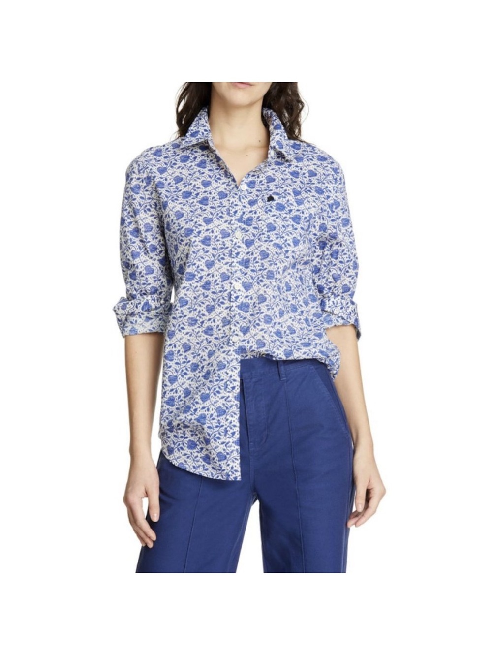 Alex Mill Blue Ikat Floral Heart Button-Front Cotton Shirt